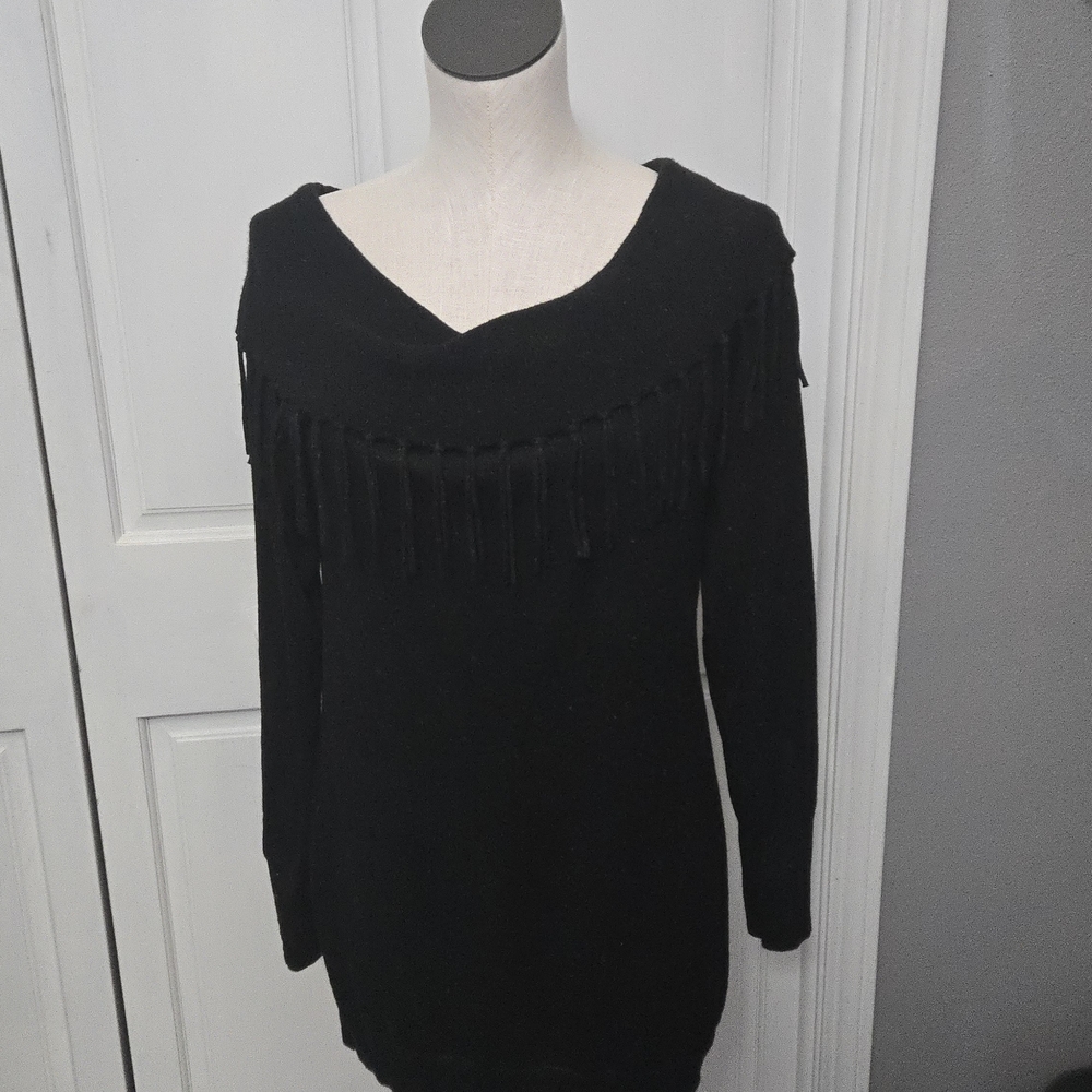 White House Black Market Elegant Black Sweater with Fringe Detail